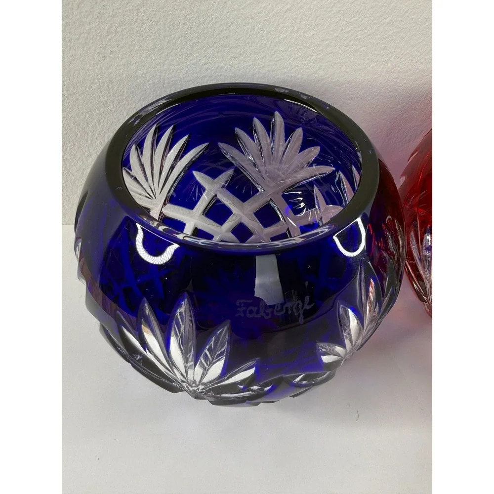 Faberge Crystal Votive Candle Holders Ruby Red Cobalt Blue Cut Clear Signed Pair